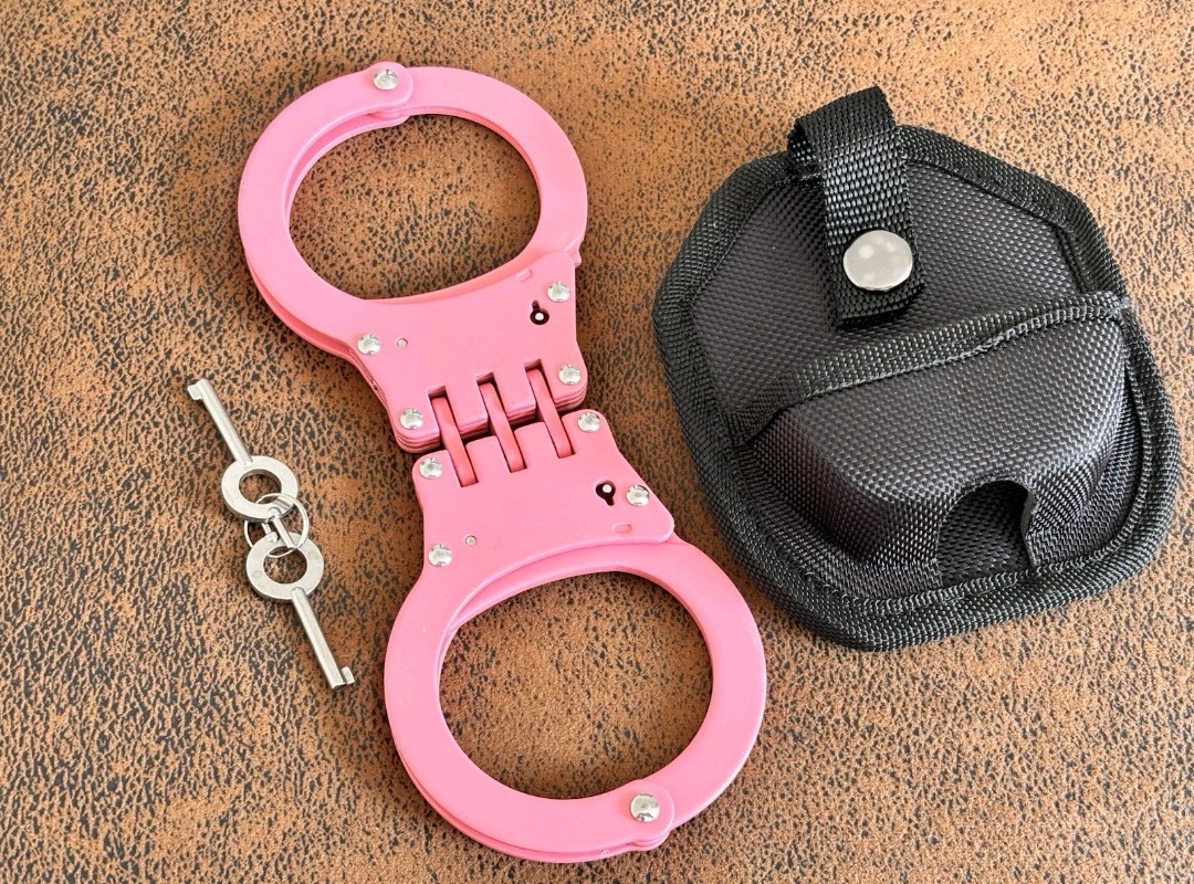 Pink Double Lock Hinge Steel Handcuffs Police Security Guard Grade Standard Size