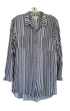 Style & Co Womens Navy/White Striped Rayon Button Up Shirt Sz L