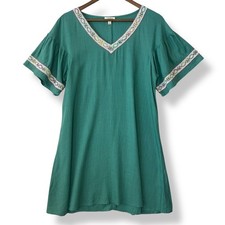 Umgee L Dress Tunic Teal Green Linen Blend Embroidered V-Neck Artsy Boho Flutter