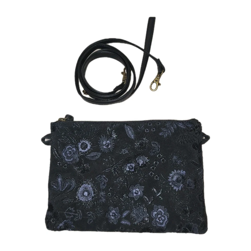 Cartera/cartera bandolera de cuero bordada floral negra Lucky Brand 9" x 6-1/2" Foto 3 de 4