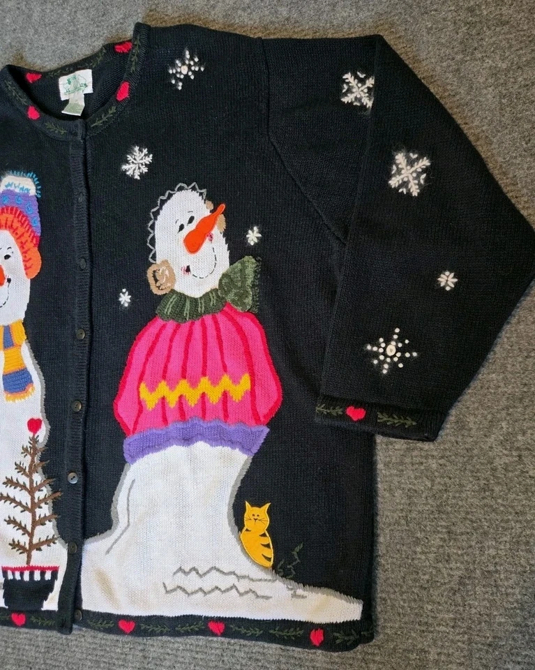 The Quacker Factory Women’s Sz 3X Knit Christmas Sweater Cardigan Snowman Cat - Image 3 of 4