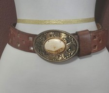 1970s Womens Western Leather Cutout Belt Large w/Oval Polished Sandstone Buckle