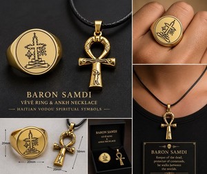 Baron Samdi Vèvè Ring Set with Ankh Necklace – Haitian Vodou Spiritual ancestors