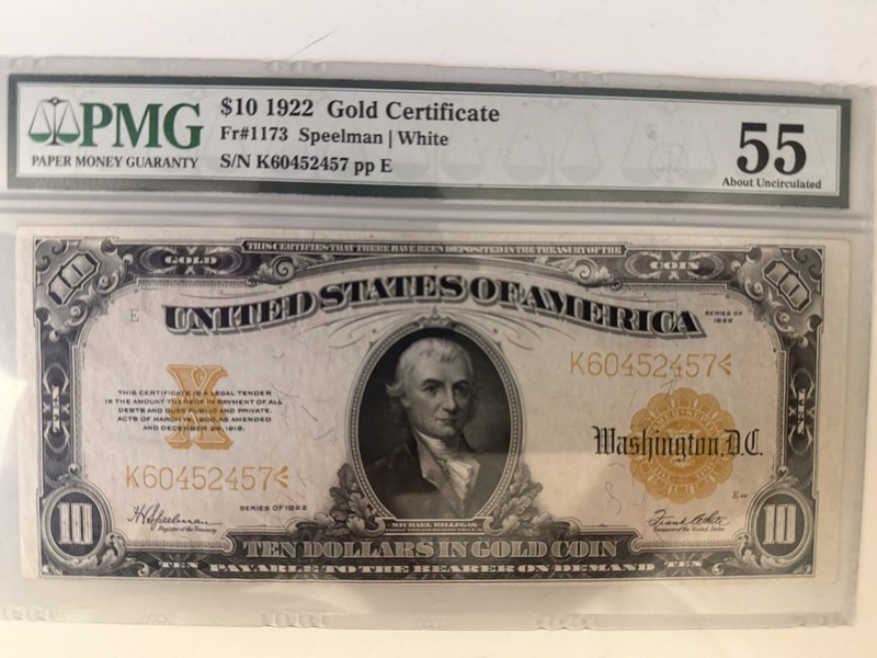 1922 $10 Gold Certificate PMG 55 About Uncirculated Fr#1173 Speelman White