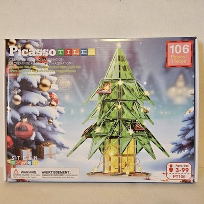 PicassoTiles 106pc Magnetic Tiles LED Light-Up Tree Toy Holiday STEM Toys