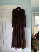 VTG 1960s Jack Bryan Chocolate Brown Pleated Chiffon Lantern Sleeve Midi Dress