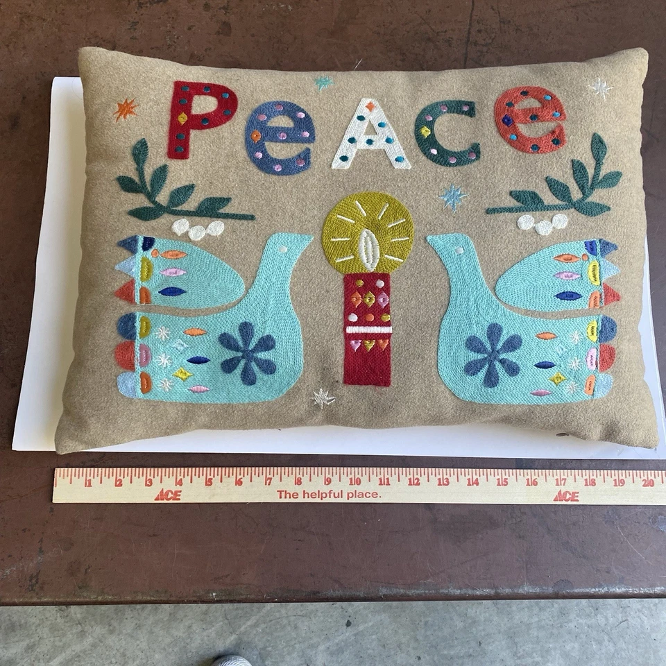 Rectangle Decorative “Peace” Pillow With Two Colorful Birds And Candle In Center - Image 2 of 4