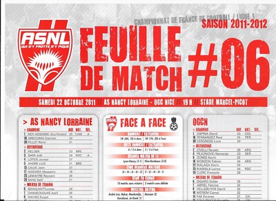 Spielbogen Nr. 6 ASNL - OGC Nizza (2011 - 2012) - Ligue 1
