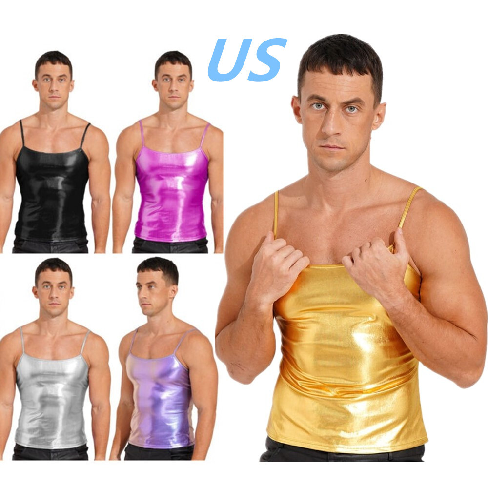 US Men's Shiny Metallic Vest Patent Leather Spaghetti Straps US Men's Shiny Metallic Vest Patent Leather Spaghetti Straps