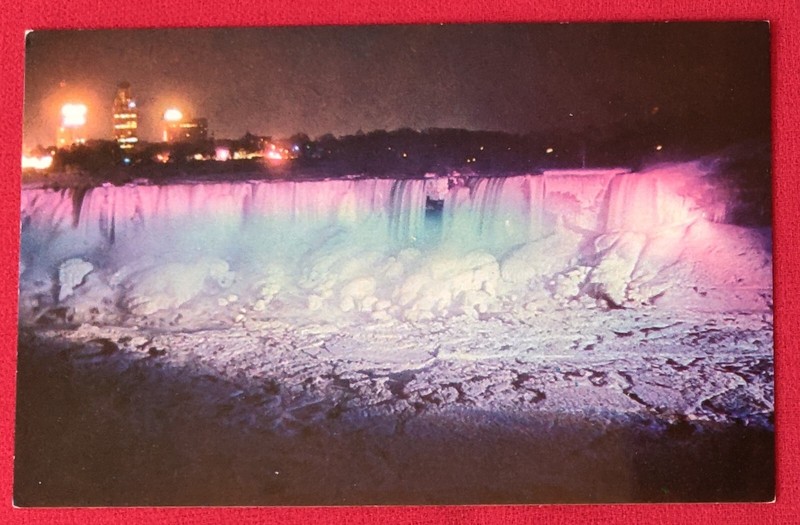 Postcard of American Falls illuminated w/ Winter Snow in Niagara Canada-Pristine