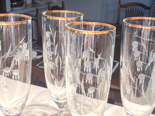 Vtg Lily Of The Valley 9” Tall Champagne Flutes Set Of 4 Etched Art Deco Gold - Picture 3 of 8
