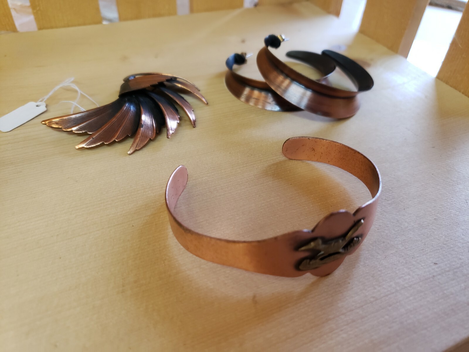 Vintage Copper? Lot Roadrunner Cuff Bracelet Brooch Large 2" open Hoop
