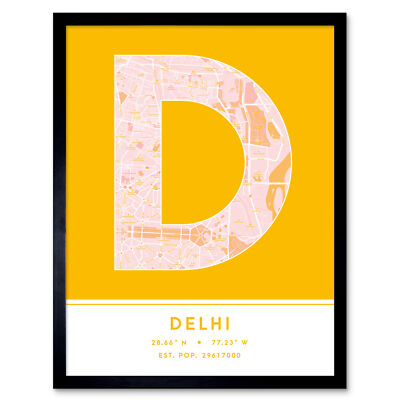 Delhi Indien Stadtplan Typografie gerahmter Wandkunstdruck 12 x 16 Zoll
