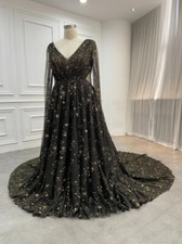 Black Wedding Dresses sparkle Sequin Long Sleeves GothicA-line Bridal Gowns