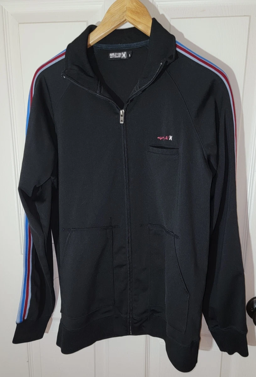 Men s L Hurley Black Track Jacket Striped Sleeves Zip Up Front