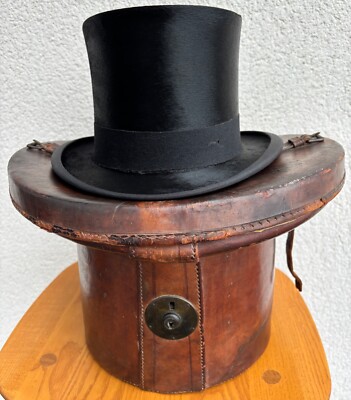 VINTAGE EXTRA BEST QUALITY BLACK SILK TOP HAT 55 cm LEATHER HAT SHAPED  CASE UK