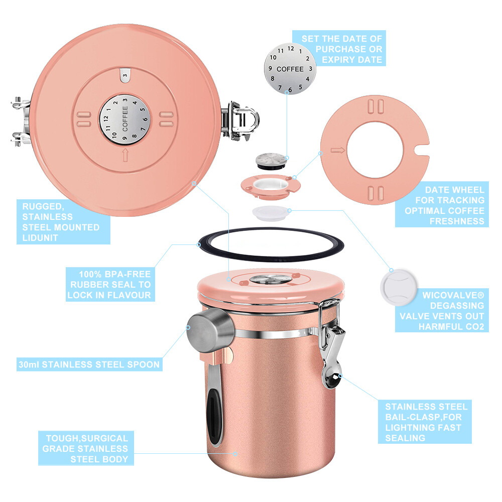 Coffee Canister Airtight Coffee Container For Ground Coffee w/Scoop Date Tracker