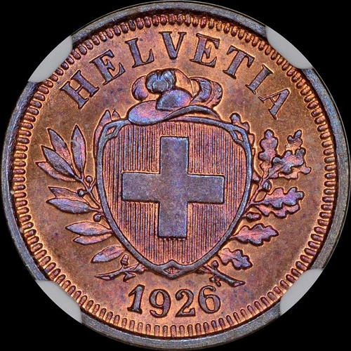 FINEST KNOWN @ NGC 1926 B RAPPEN SWITZERLAND NGC MS66 RB UBER-COOL-GEM TONED