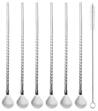 6 1pcs Spoon Straws Reusable Stainless Steel Drinking Spoon Straws with Brush