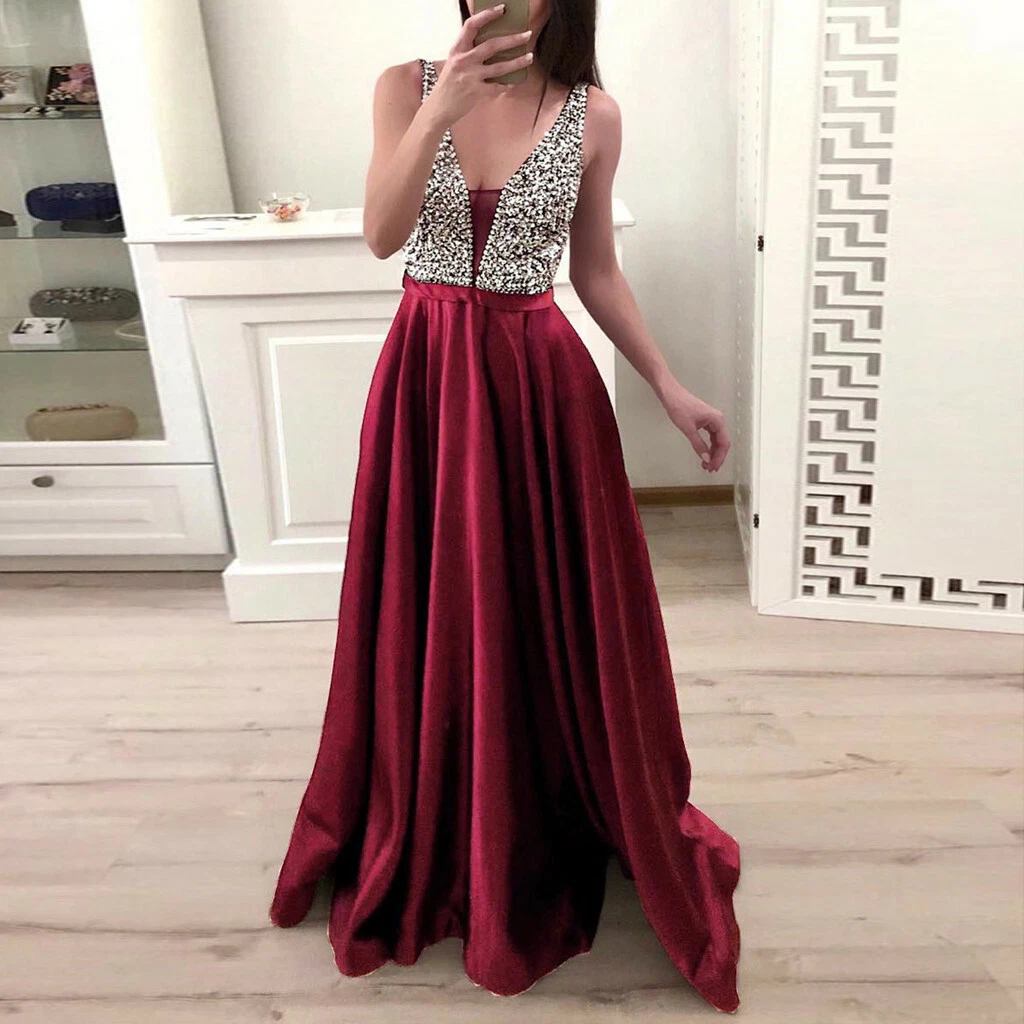 Women's Elegant Dresses V-Neck Evening Party Gown Sequins Valentine Long  Dress