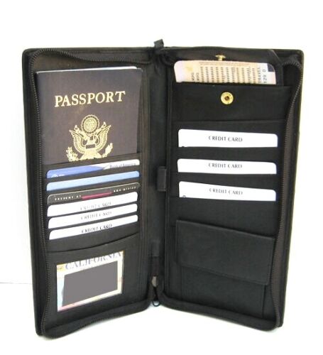 Black Leather Passport Cover Ticket Boarding Travel Organizer Wallet New - Picture 1 of 5