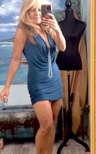 Pronto Usa, Sexy Rich Teal Ruched BodyCon Dress, Scoop-Neck, Cool Metal Back, L