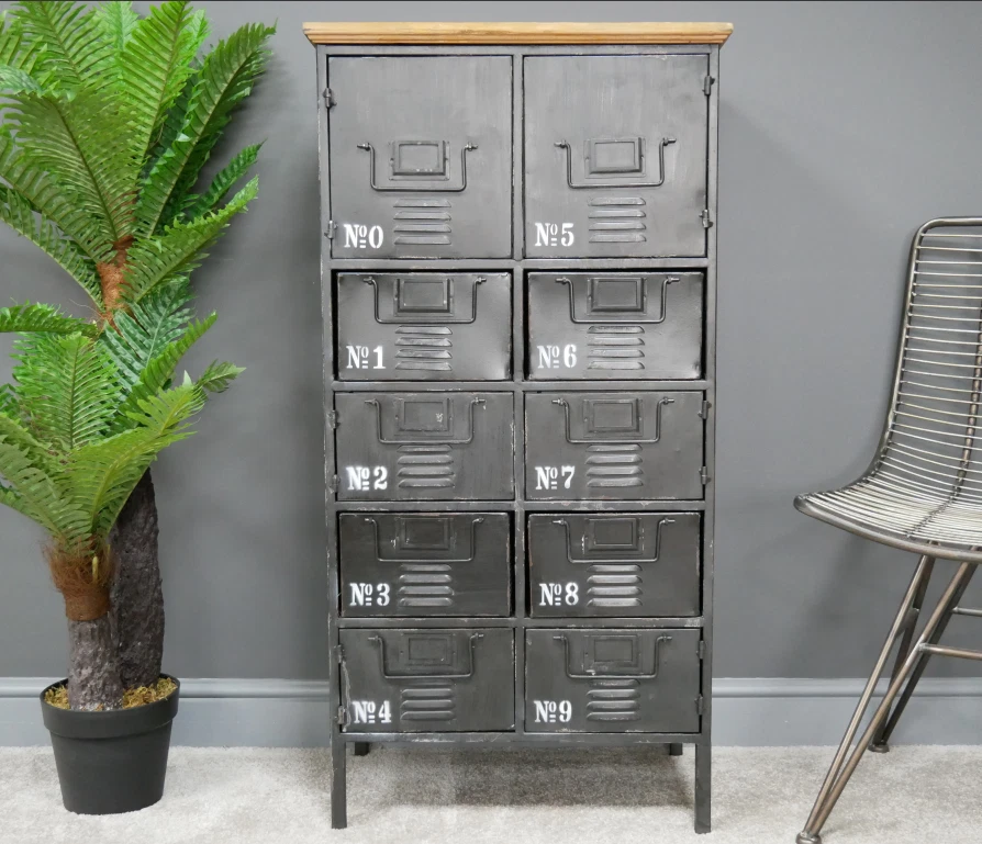 Tall Metal Cabinet Vintage Industrial Cupboard Rustic Wood Storage Chest Drawers