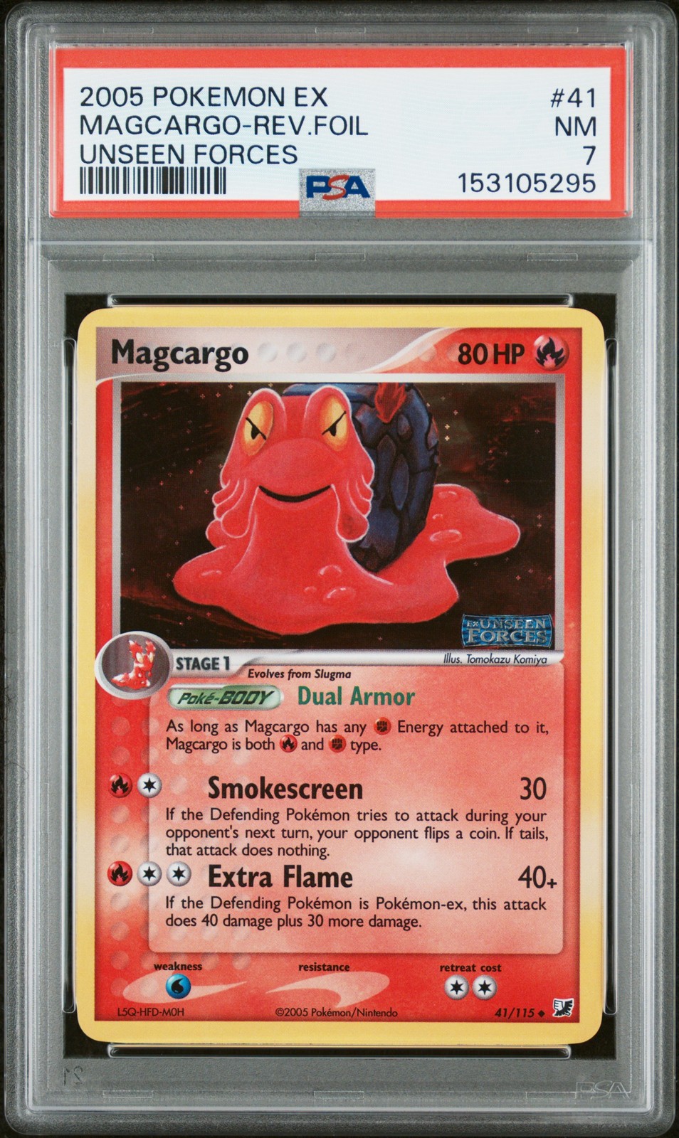 2005 POKEMON EX UNSEEN FORCES #41 MAGCARGO-REVERSE FOIL PSA 7