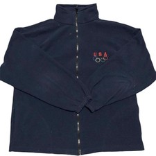 Vintage Navy Blue USA Olympic Full Zip Fleece Jacket Polyester Made in USA Rings