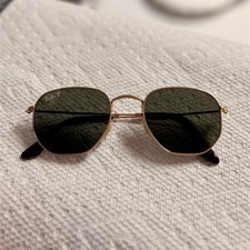 Ray-Ban Gold Metal Frame Green Polarized Glass Lens Square Geometric Sunglasses