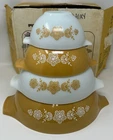 VINTAGE Pyrex Butterfly Gold Set of 4 Nesting Cinderella Mixing Bowls w/ Handles