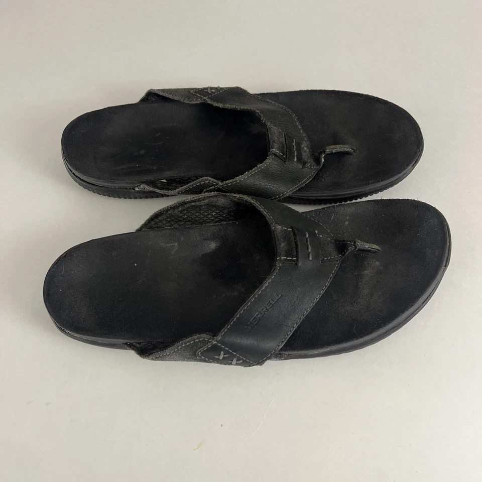 Merrell Mens Size 10 Black Leather Flip Flop Westport Sandals - Image 3 of 4