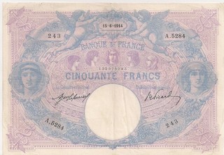 BILLET DE 50 FRANCS BLEU ET ROSE 15 JUIN 1914