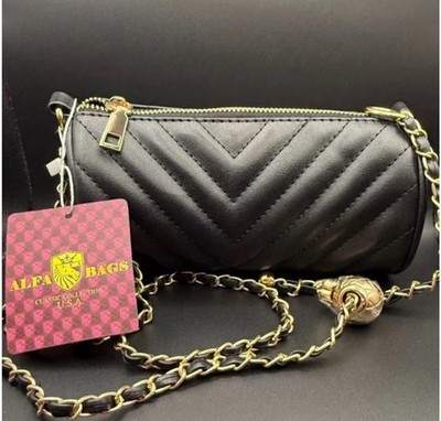 ALFA BAGS Black Chevron Quilted Cylinder Crossbody Bag Gold Chain Strap