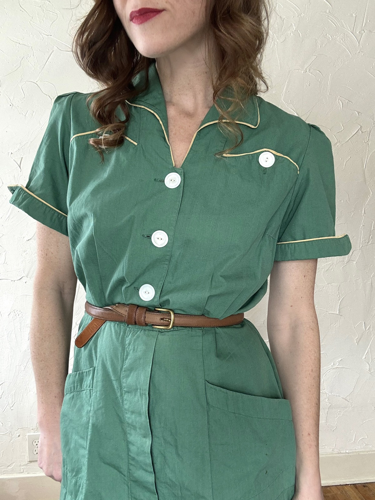 Vintage 1940s Cotton Uniform Chore Dress Green An… - image 7