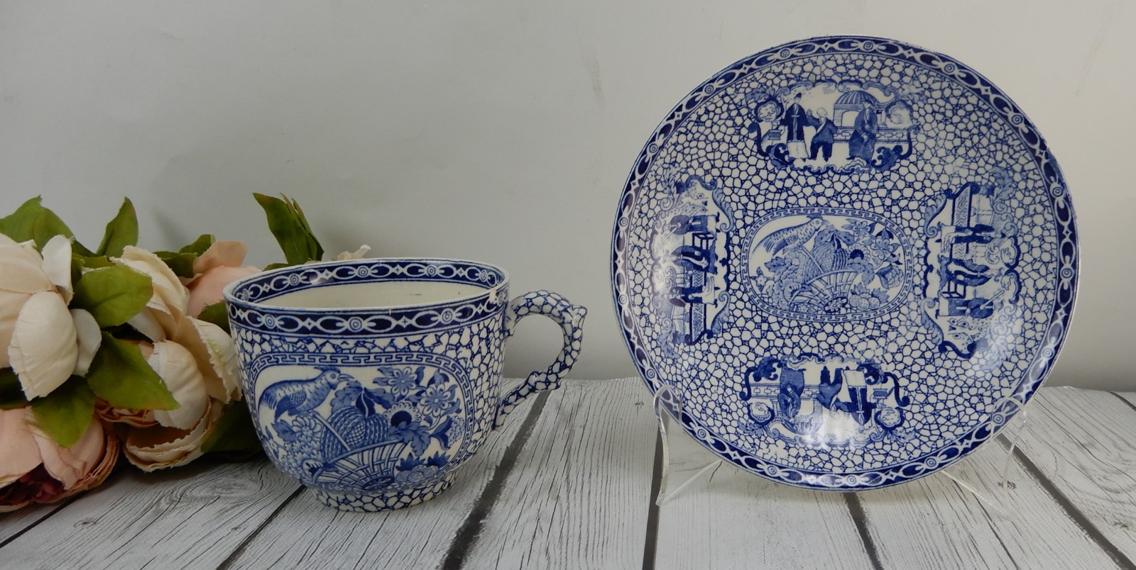 William Adams Pottery Pottery Blue & White Chinese Bird Jumbo Cup and Bowl
