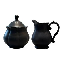 Embossed Ceramic Creamer Sugar Bowl Set with Lid Black Coffee Serving Set
