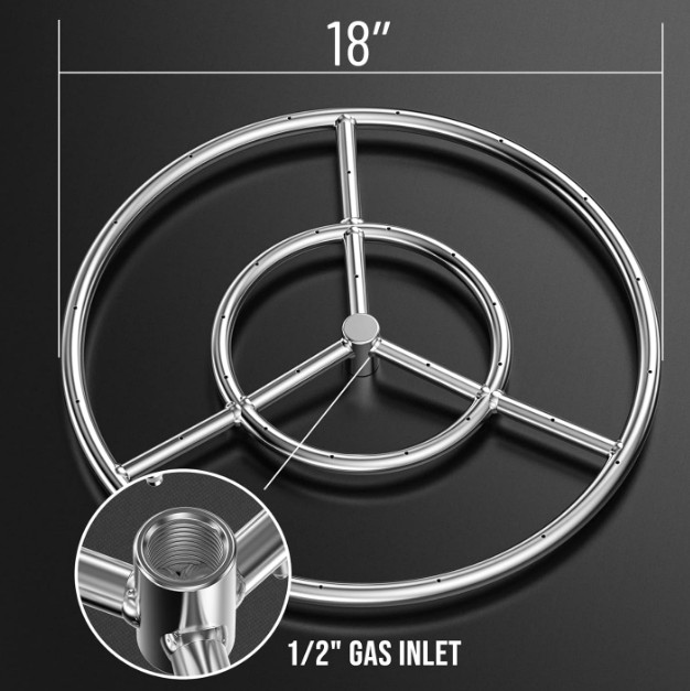 Skyflame 18 Inch Round Stainless Steel Fire Pit Burner Ring 18" Round - Dual Gas