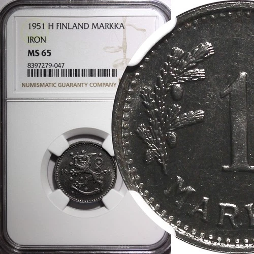 Finland Iron 1951 H 1 Markka NGC MS65 TOP GRADED BY NGC KM# 30b (047)