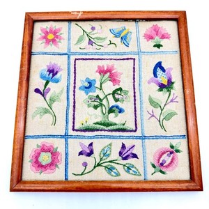 Vintage Crewel Embroidery Sampler Jacobean Floral Wool Linen Folk Art Boho Decor