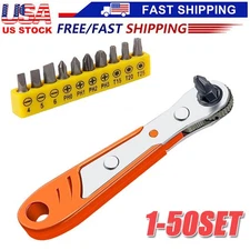 Ratcheting Right Angle Screwdriver Hex Drive 90 Degree Offset + 10pc Bits Set!