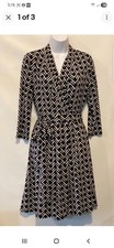 Dress~Womens~Liz Claiborne~ Black White~Geometric~V-Neck~ Crossover Knee Length 