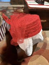 Vintage Red Lace Tulle Hat Dress Church Tea Party Statement Fascinator Derby