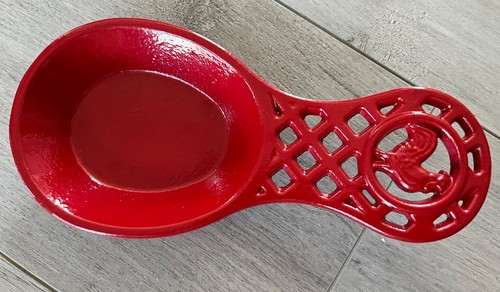 Cast Iron-Metal-Rooster/ Chicken Spoon Rest  - Red Woven Pattern