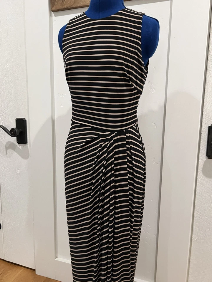 Ralph Lauren Women’s Sleeveless Striped Maxi Dress Stretch Size 8 Black Beige - Image 2 of 4