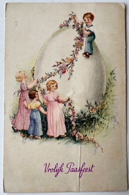 Postcard old postcard motif Easter around 1950 girls, children, egg, flower garlands