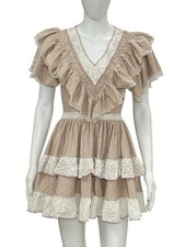 LoveShackFancy Women's Ruffle Lace Beige Tiered Eyelet Embroidered Mini Dress S