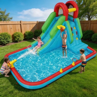 Inflatable Water Slide Bounce House Giant Splash Pool & Climbing Wall w/ Blower