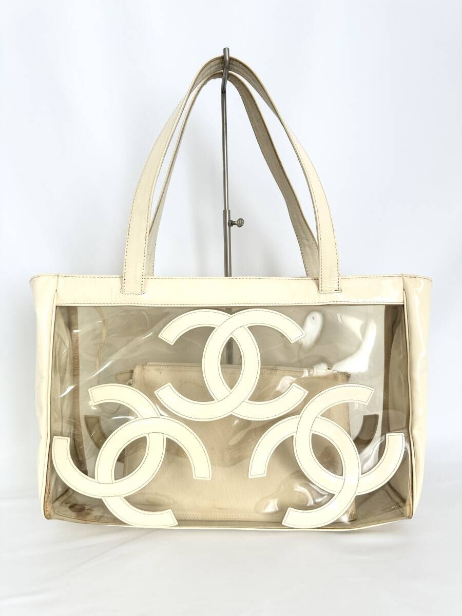 Chanel White Vinyl Triple Coco Mark Shoulder Tote Pouch Bag Women Japan