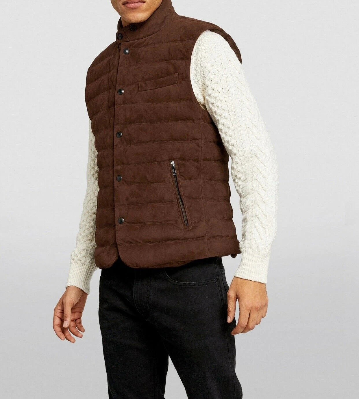 Brown Suede Leather Quilted Puffer Vest for Men Size XS S M L XL XXL 3XL